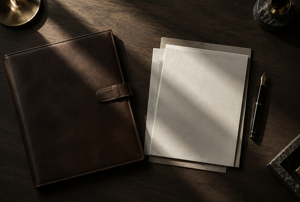 A clean desk with documents in dramatic light